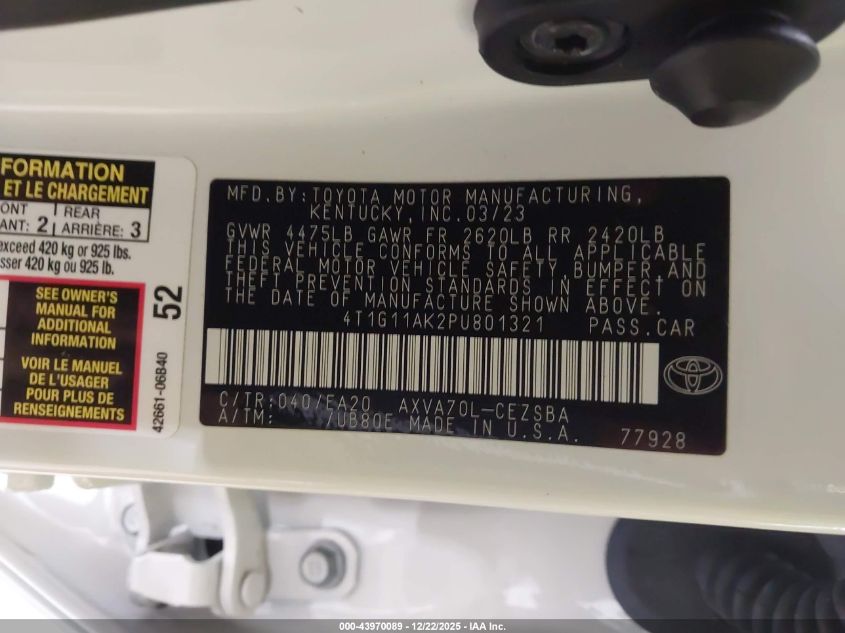 2023 Toyota Camry Se VIN: 4T1G11AK2PU801321 Lot: 43970089