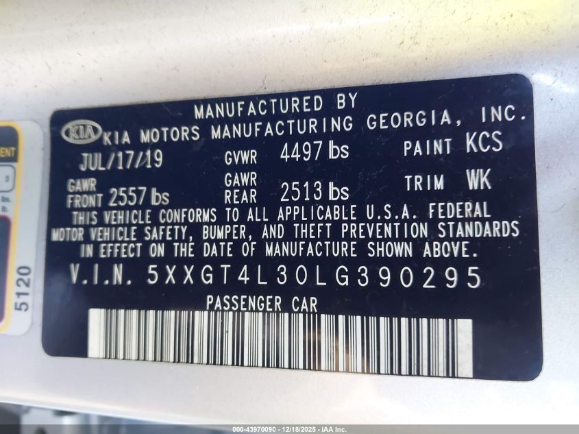 2020 Kia Optima Lx VIN: 5XXGT4L30LG390295 Lot: 43970090