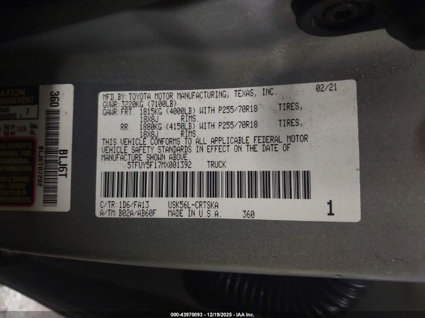 2021 Toyota Tundra Sr VIN: 5TFUY5F17MX001392 Lot: 43970093