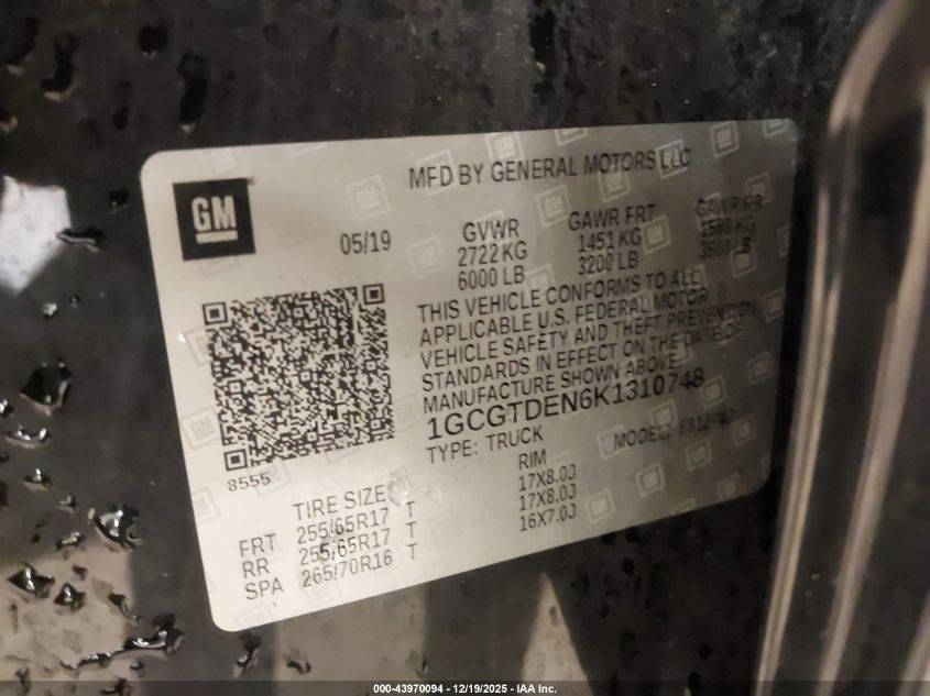 2019 Chevrolet Colorado Z71 VIN: 1GCGTDEN6K1310748 Lot: 43970094