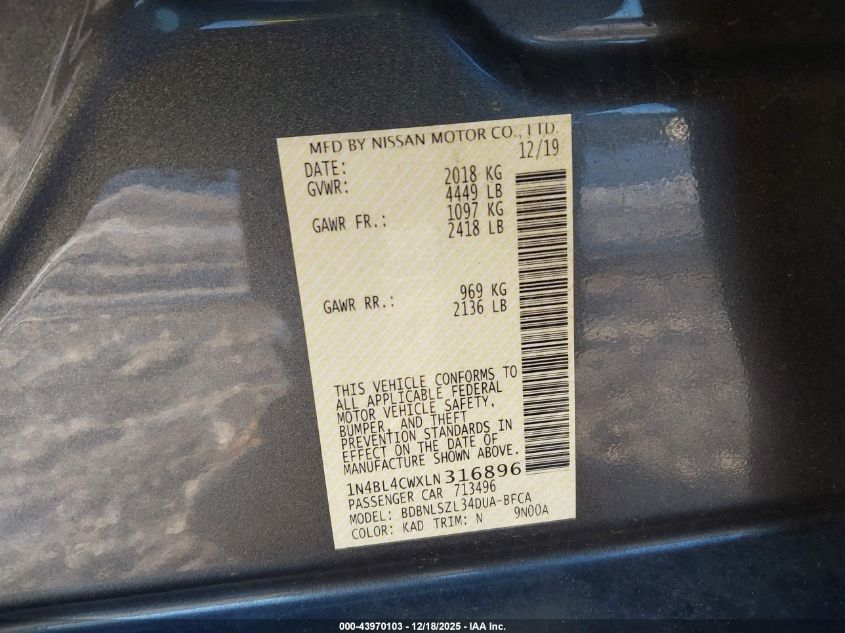 2020 Nissan Altima Sr Intelligent Awd VIN: 1N4BL4CWXLN316896 Lot: 43970103