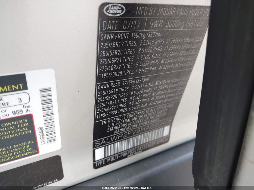 2017 Land Rover Range Rover Sport 3.0L V6 Supercharged Hse VIN: SALWR2FV9HA690408 Lot: 43970106