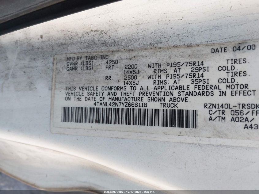 2000 Toyota Tacoma VIN: 4TANL42N7YZ668118 Lot: 43970107