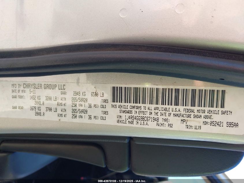 2011 Jeep Grand Cherokee Laredo VIN: 1J4RS4GG9BC671948 Lot: 43970108