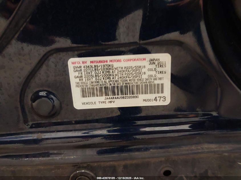 2011 Mitsubishi Outlander Sport Se VIN: JA4AR4AU9BZ020890 Lot: 43970109