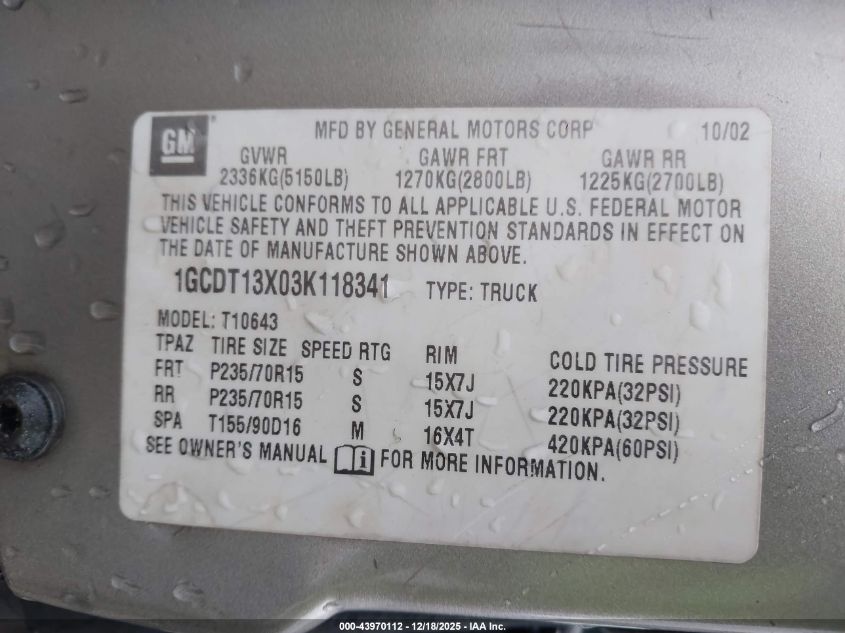 2003 Chevrolet S-10 Ls VIN: 1GCDT13X03K118341 Lot: 43970112