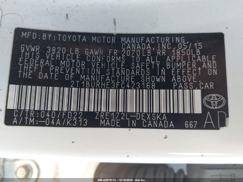 2015 Toyota Corolla S Plus VIN: 2T1BURHE3FC423168 Lot: 43970115