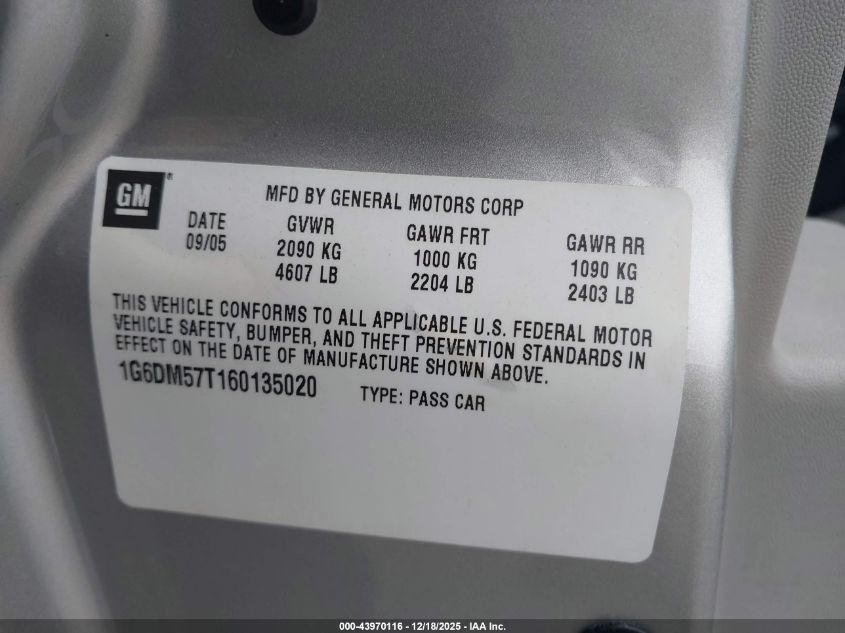 2006 Cadillac Cts Standard VIN: 1G6DM57T160135020 Lot: 43970116