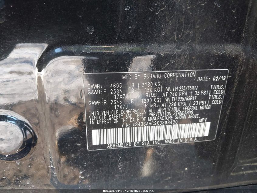 2019 Subaru Outback 2.5I Premium VIN: 4S4BSAHC9K3308420 Lot: 43970119