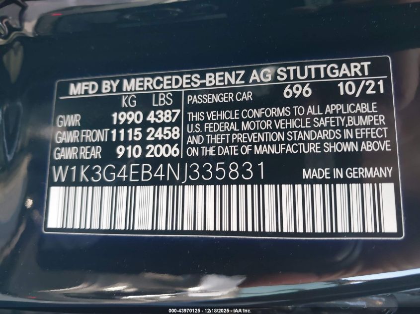 2022 Mercedes-Benz A 220 VIN: W1K3G4EB4NJ335831 Lot: 43970125