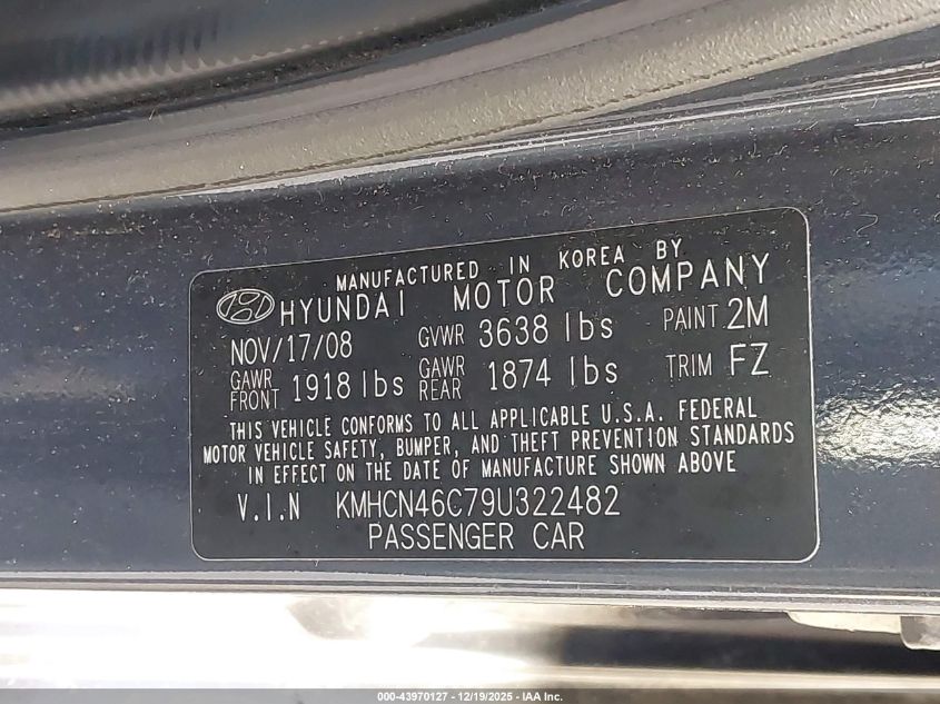 2009 Hyundai Accent Gls VIN: KMHCN46C79U322482 Lot: 43970127