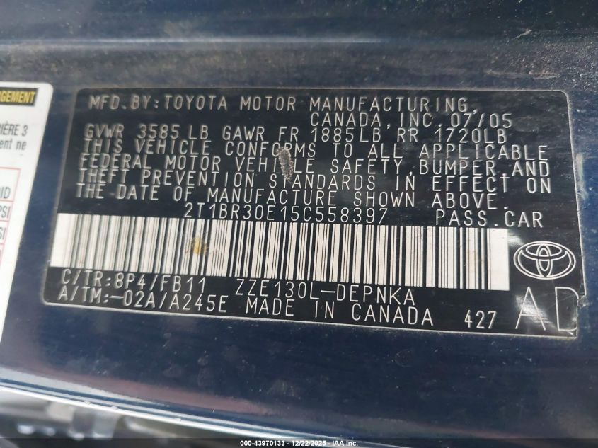 2005 Toyota Corolla Le VIN: 2T1BR30E15C558397 Lot: 43970133