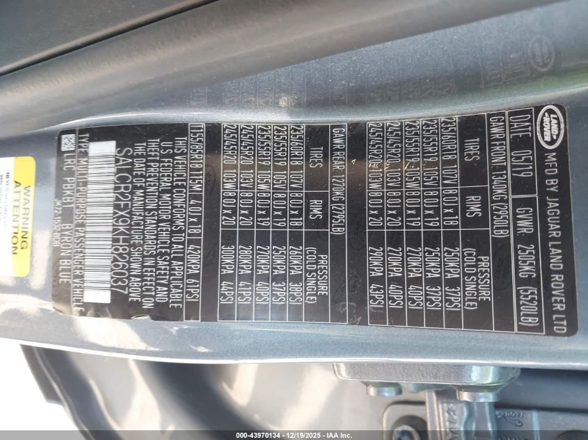 2019 Land Rover Discovery Sport Hse/Landmark Edition VIN: SALCR2FX9KH826037 Lot: 43970134