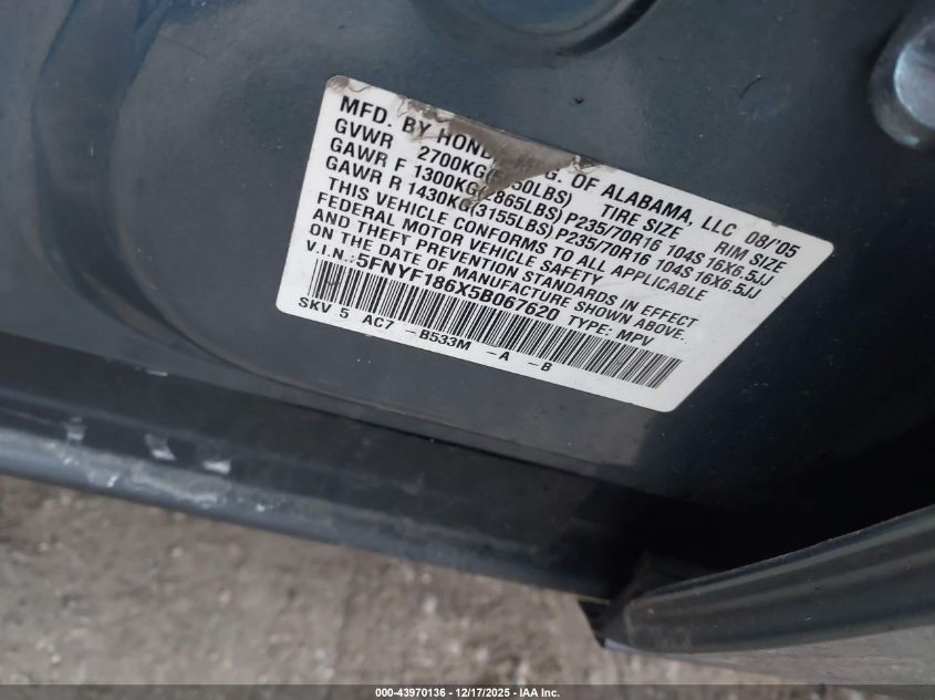 2005 Honda Pilot Ex-L VIN: 5FNYF186X5B067620 Lot: 43970136