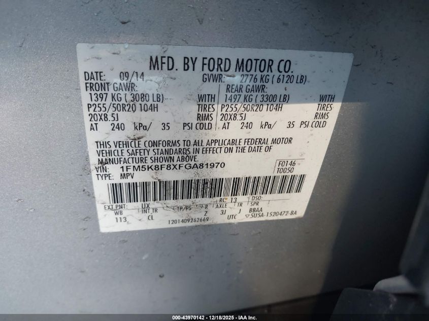 2015 Ford Explorer Limited VIN: 1FM5K8F8XFGA81970 Lot: 43970142