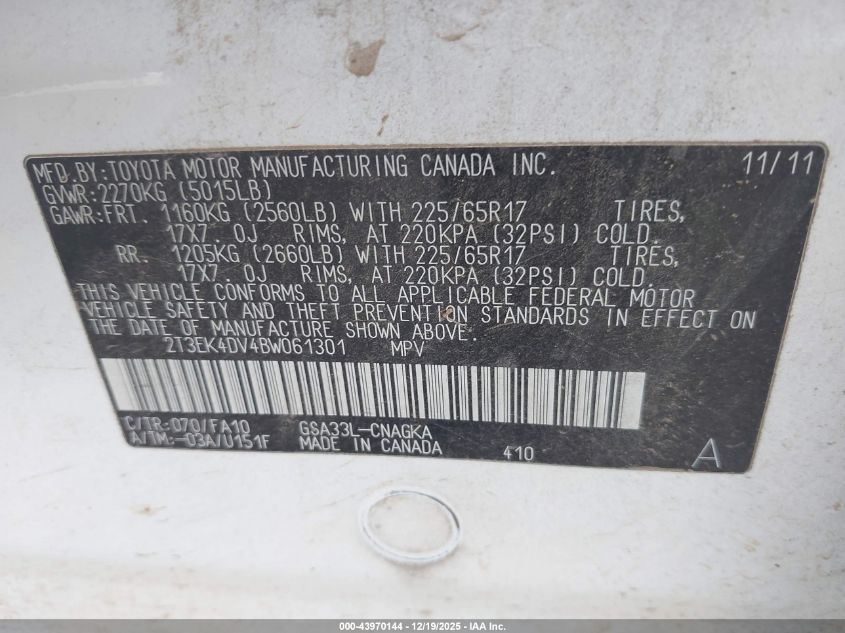 2011 Toyota Rav4 Limited VIN: 2T3EK4DV4BW061301 Lot: 43970144