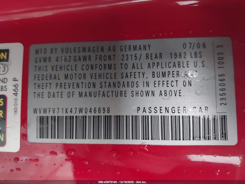2007 Volkswagen Gti 2-Door VIN: WVWFV71K47W046698 Lot: 43970145