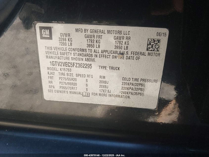 2015 GMC Sierra 1500 Slt VIN: 1GTV2VEC5FZ362295 Lot: 43970146