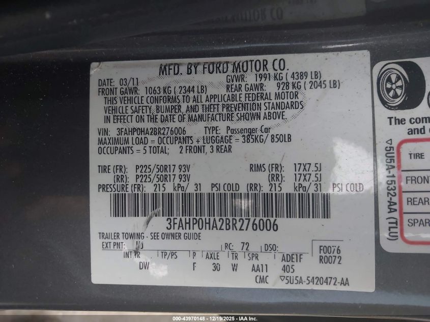 2011 Ford Fusion Se VIN: 3FAHP0HA2BR276006 Lot: 43970148