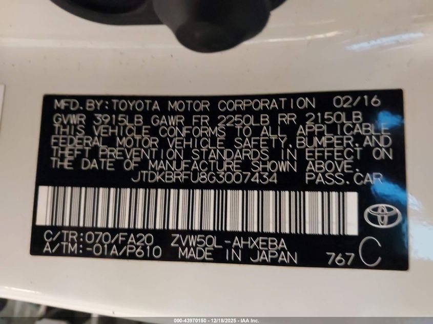 2016 Toyota Prius Two VIN: JTDKBRFU8G3007434 Lot: 43970150