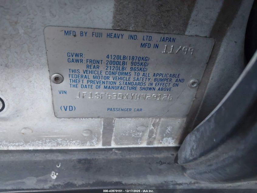 2000 Subaru Forester L VIN: JF1SF635XYH729126 Lot: 43970151