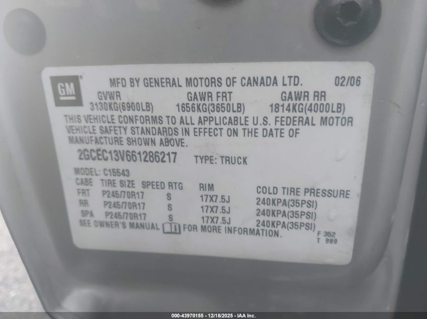 2006 Chevrolet Silverado 1500 Ls VIN: 2GCEC13V661286217 Lot: 43970155