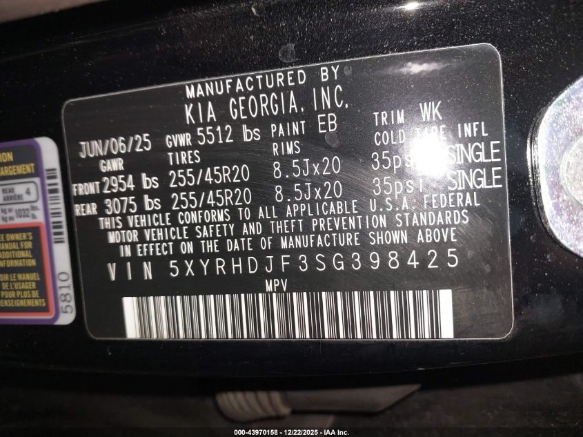 2025 Kia Sorento X-Line Ex VIN: 5XYRHDJF3SG398425 Lot: 43970158