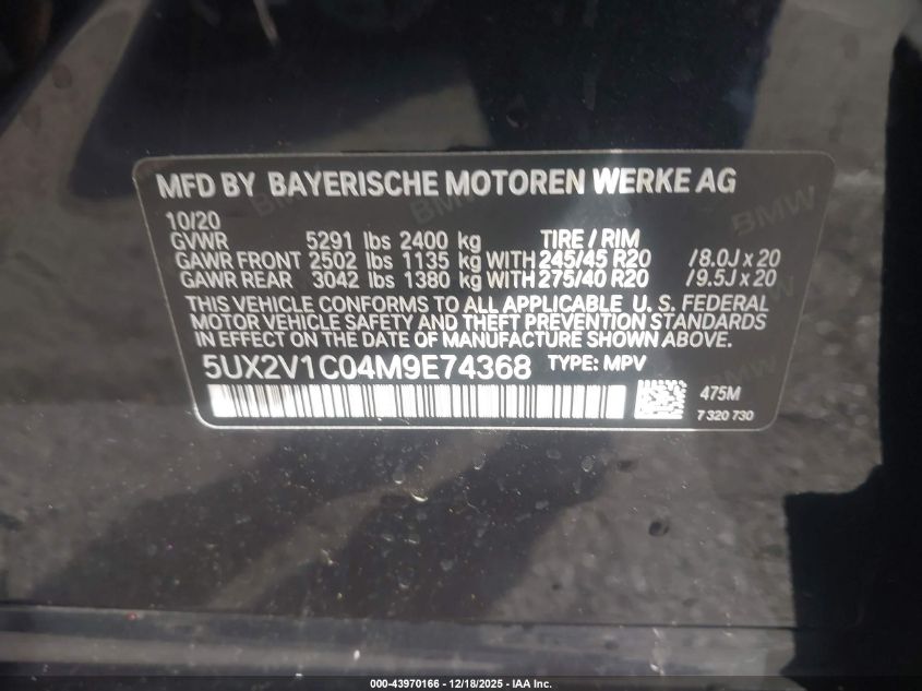 2021 BMW X4 xDrive30I VIN: 5UX2V1C04M9E74368 Lot: 43970166