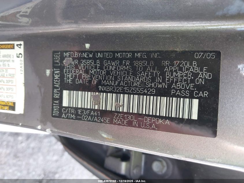 2005 Toyota Corolla Ce VIN: 1NXBR32E15Z555429 Lot: 43970168