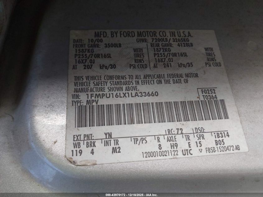 2001 Ford Expedition Xlt VIN: 1FMPU16LX1LA33660 Lot: 43970172