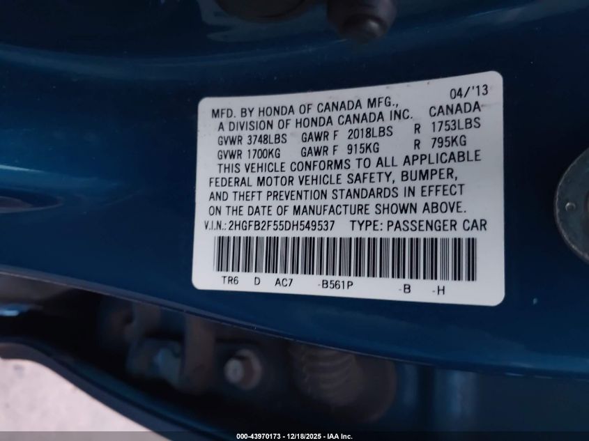 2013 Honda Civic Lx VIN: 2HGFB2F55DH549537 Lot: 43970173