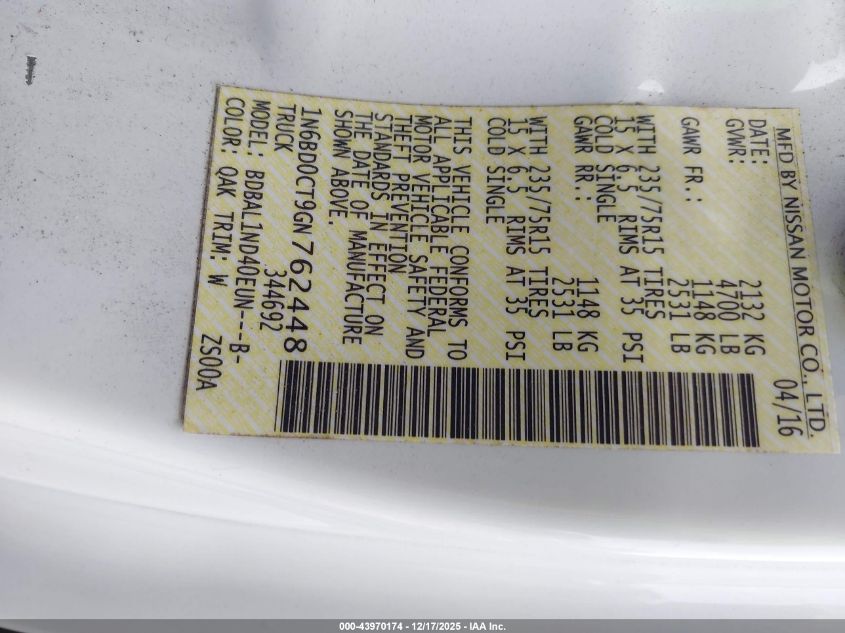 2016 Nissan Frontier S VIN: 1N6BD0CT9GN762448 Lot: 43970174