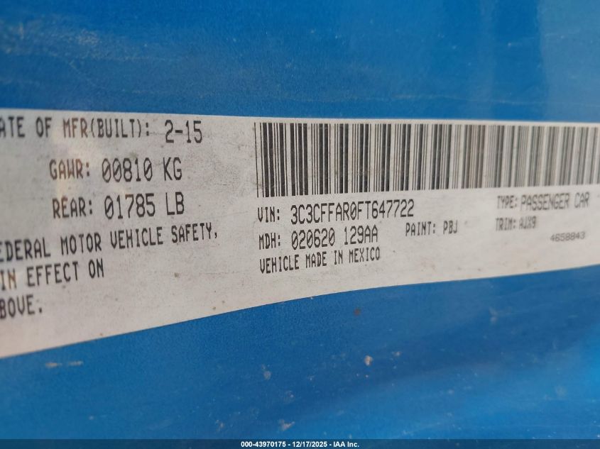 2015 Fiat 500 Pop VIN: 3C3CFFAR0FT647722 Lot: 43970175