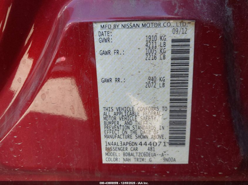 2013 Nissan Altima 2.5 Sv VIN: 1N4AL3AP6DN444071 Lot: 43970176