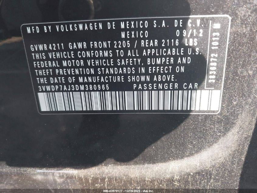 2013 Volkswagen Jetta 2.5L Se VIN: 3VWDP7AJ3DM380965 Lot: 43970177