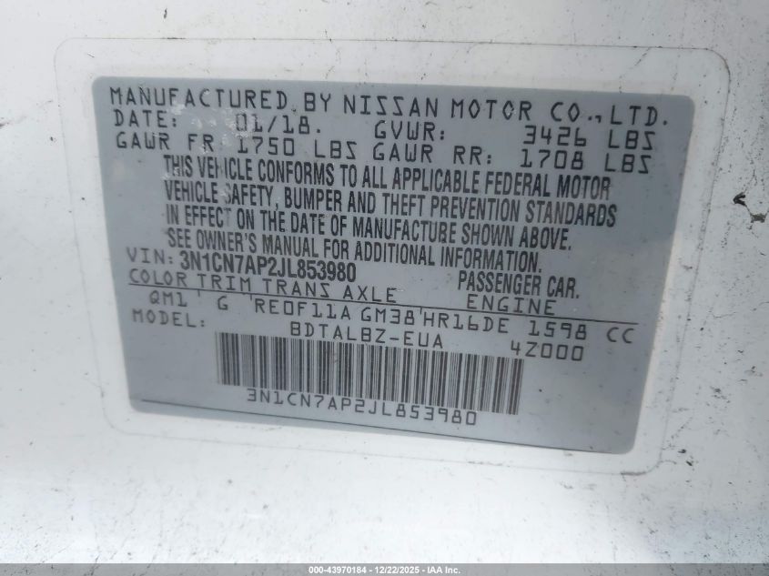 2018 Nissan Versa 1.6 Sv VIN: 3N1CN7AP2JL853980 Lot: 43970184