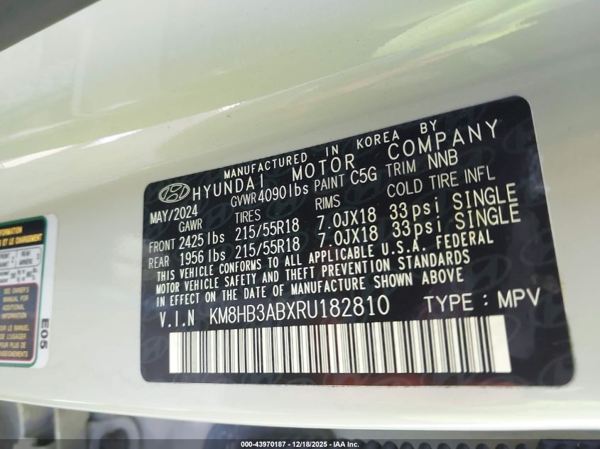 2024 Hyundai Kona Sel VIN: KM8HB3ABXRU182810 Lot: 43970187