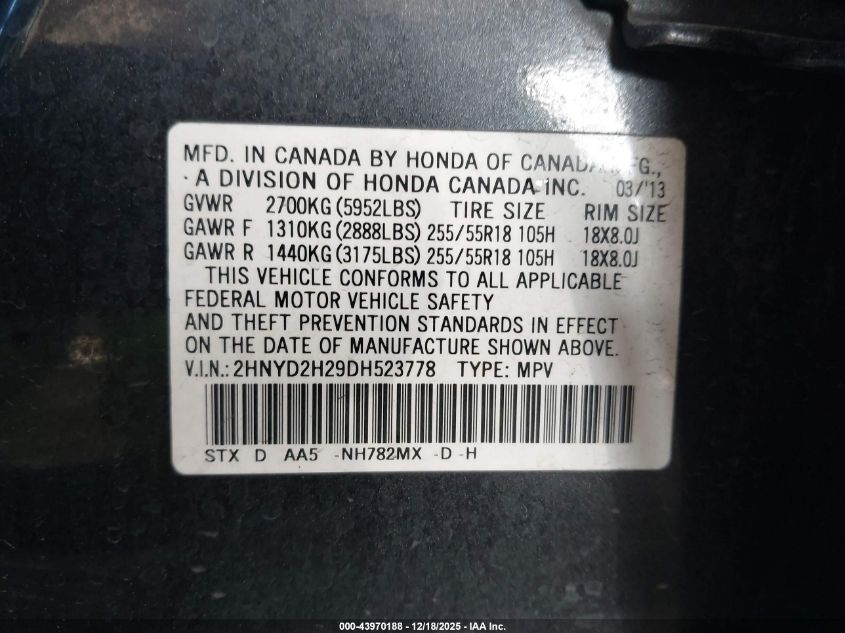 2013 Acura Mdx VIN: 2HNYD2H29DH523778 Lot: 43970188