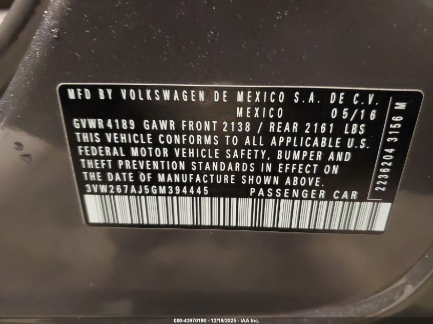 2016 Volkswagen Jetta 1.4T S VIN: 3VW267AJ5GM394445 Lot: 43970190