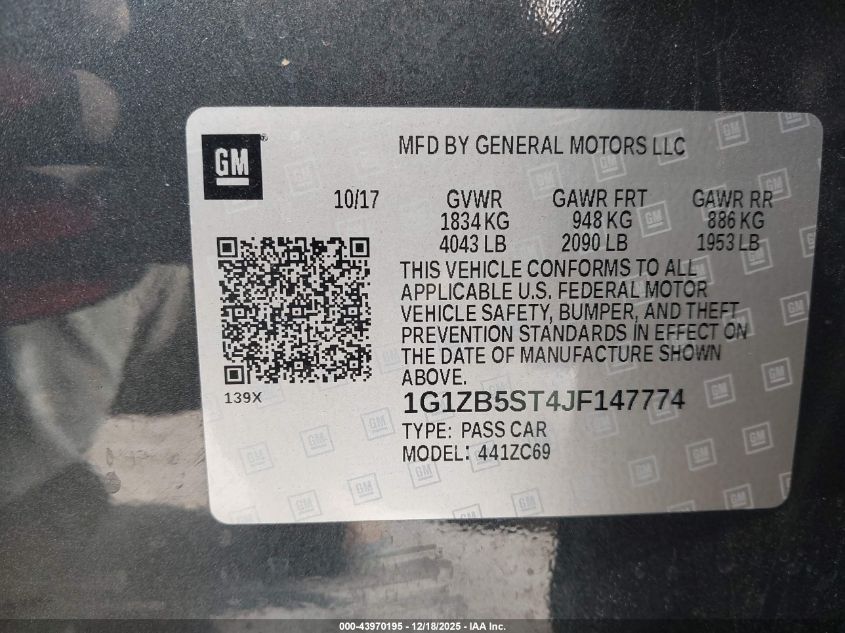 2018 Chevrolet Malibu 1Ls VIN: 1G1ZB5ST4JF147774 Lot: 43970195