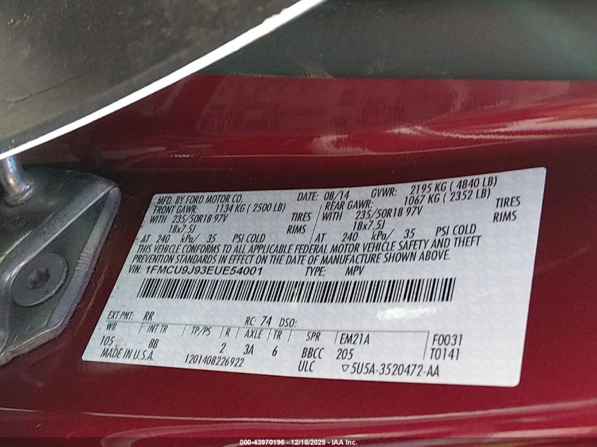 2014 Ford Escape Titanium VIN: 1FMCU9J93EUE54001 Lot: 43970196