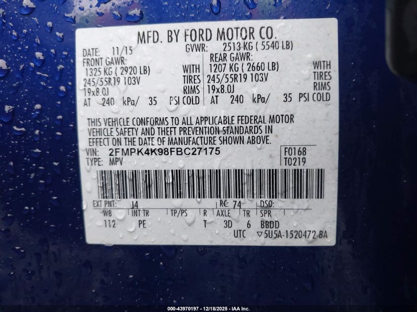 2015 Ford Edge Titanium VIN: 2FMPK4K98FBC27175 Lot: 43970197