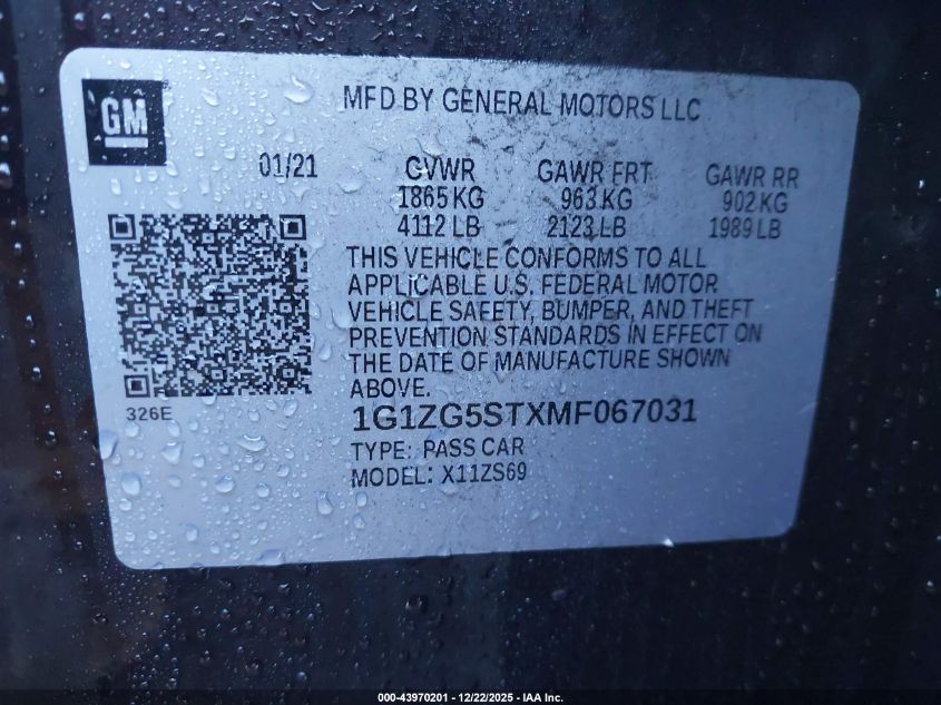 2021 Chevrolet Malibu Fwd Rs VIN: 1G1ZG5STXMF067031 Lot: 43970201