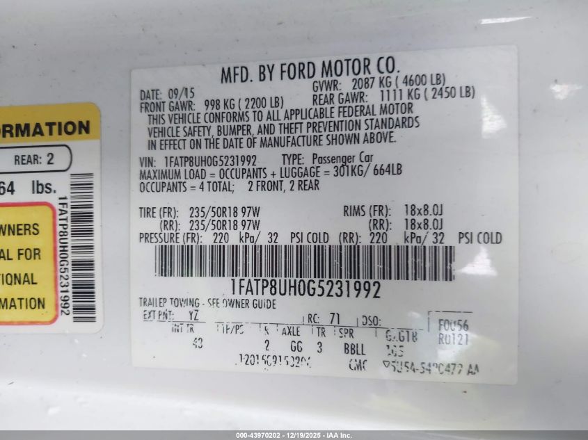 2016 Ford Mustang Ecoboost Premium VIN: 1FATP8UH0G5231992 Lot: 43970202