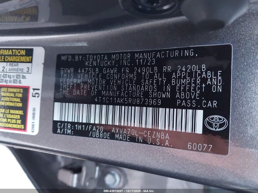 2024 Toyota Camry Le VIN: 4T1C11AK5RU873969 Lot: 43970207