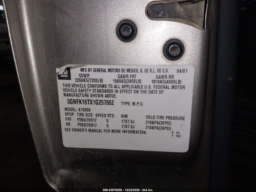 2001 Chevrolet Suburban 1500 Ls VIN: 3GNFK16TX1G257862 Lot: 43970208