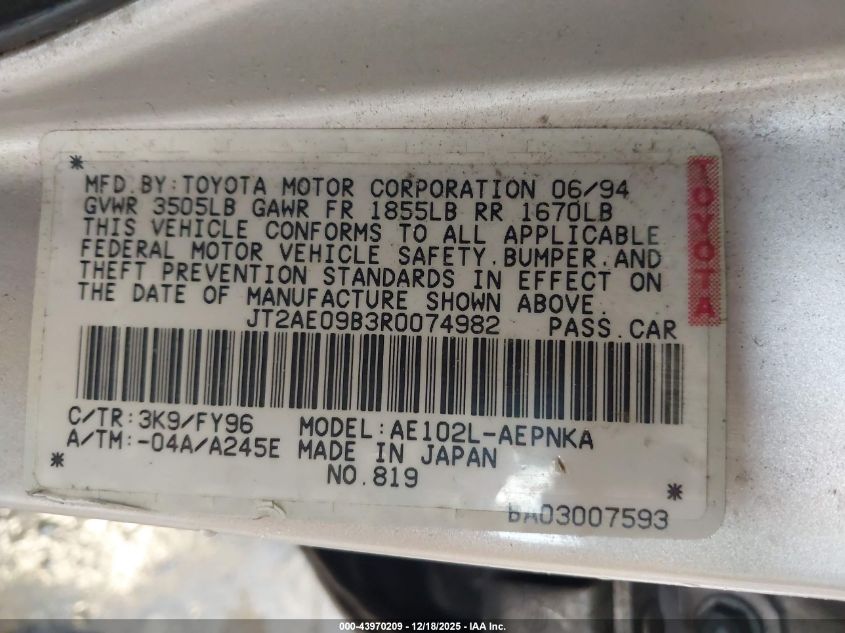 1994 Toyota Corolla Le/Dx VIN: JT2AE09B3R0074982 Lot: 43970209