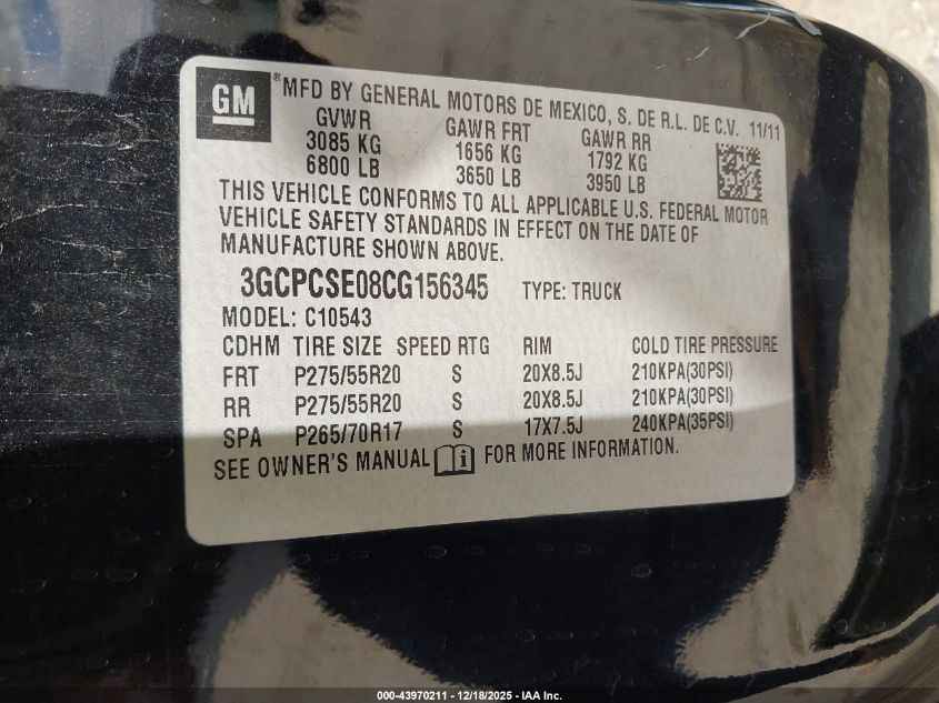 2012 Chevrolet Silverado 1500 Lt VIN: 3GCPCSE08CG156345 Lot: 43970211