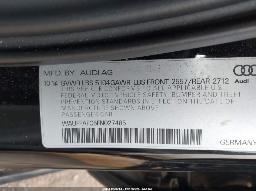 2015 Audi A6 2.0T Premium VIN: WAUFFAFC6FN027485 Lot: 43970214