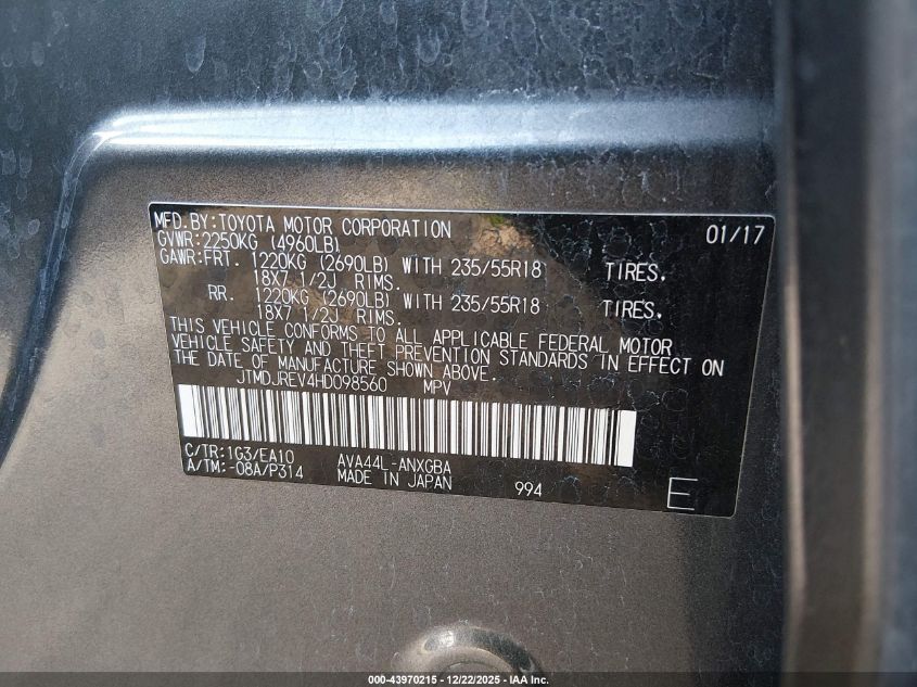 2017 Toyota Rav4 Hybrid Limited VIN: JTMDJREV4HD098560 Lot: 43970215